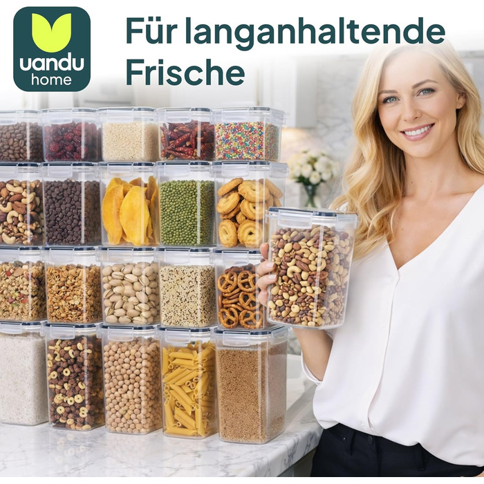 Набір контейнерів для зберігання Uandu з кришкою, 24 шт. BPA Free, для кухні: мюслі, борошно, цукор, з ручкою та етикеткою чорного кольору