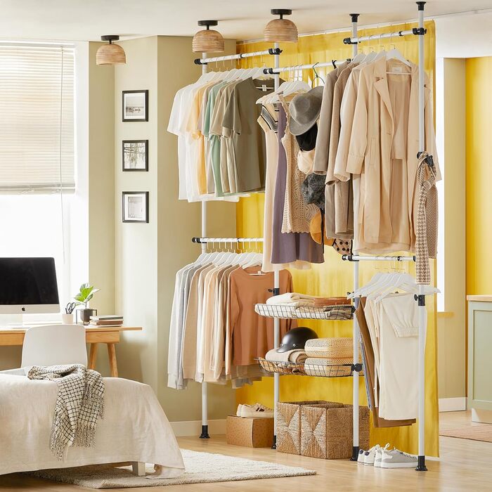 SoBuy KLS04-SCH Telescopic Clothing Rail Clothes Rack with 5 Clothes Rails and 2 Baskets Telescopic Wardrobe System Adjustable Shelving System B (209-311) x H (200-285) cm (White)