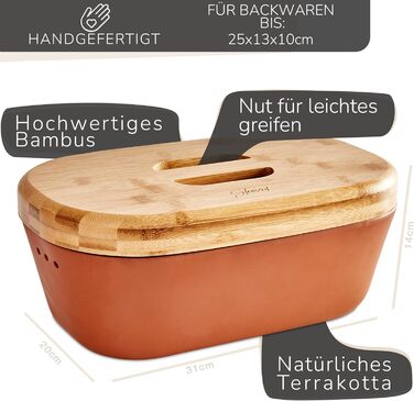 Bread Box - Bread Container made of breathable clay – Ceramic bread box with elegant bamboo lid – Bread pot for space-saving storage