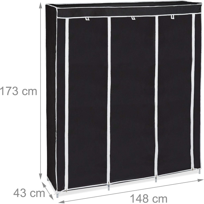 Relaxdays Fabric Clothes Closet, 9 Compartments, 2 Clothes Rails, HBT: 173 x 148 x 43 cm, Camping, Cellar, Folding Closet, Fabric, 10019122-139 (Black)