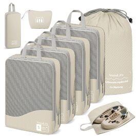 Набори для пакування валіз VnioLife (8 шт.) - Органайзери для подорожей, компресійні куби для одягу, синій та бежевий