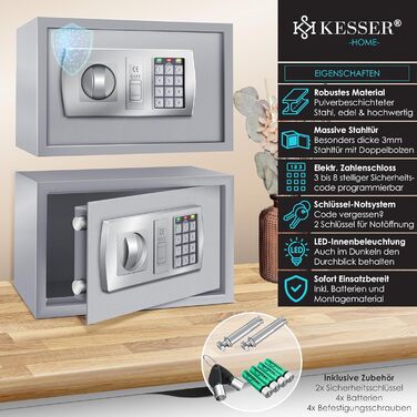 Електронний сейф KESSER® 31x20x20 см зі світлодіодним дисплеєм, подвійним ригелем, кріпленням для стіни та меблів, внутрішнім освітленням, сріблястий