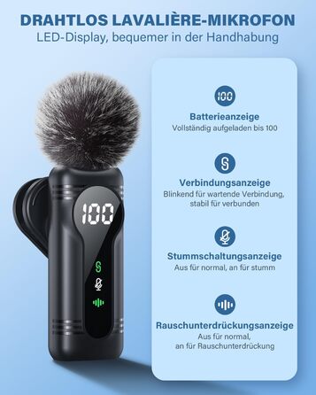 Беспроводной петличный микрофон для iPhone, iPad, Android - миниатюрный клип-микрофон с шумоподавлением, авто-подключением, функцией отключения звука и реверберацией, идеально подходит для видеоблогинга, видеосъемки, TikTok