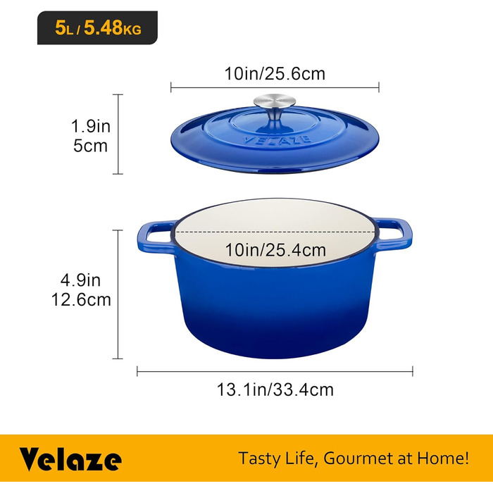 Чавунний емальований казан Velaze 6,5 л з кришкою, для запікання та тушкування, підходить для всіх типів плит, синій, 29 см