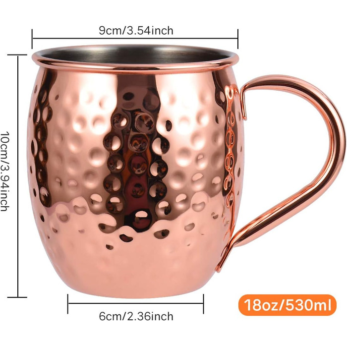 Moscow Mule Copper Mug Set, Handmade, Food-Safe, Copper Mug for Moscow Mule Cocktail, 473 ml, Gift Set with 1 Shot Glass, 4 Straws, and 4 Coasters, 4 Pieces