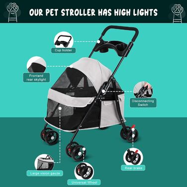 Візок для собак 2в1 до 15 кг, будівельник для собак з тримачами для напоїв, переноска для собак, складаний, з гальмом, візок для собак, 48 см * 68 см * 95 см (Сірий)