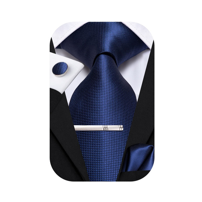 Набір краваток для чоловіків Hi-Tie (4 шт.): рожевий, синій, чорний, нагрудна хустинка, краватка, запонки, затискач для краватки (темно-синій)