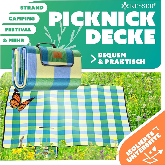 KESSER® Picnic Blanket Camping Blanket XXL 200 x 200 cm - Warm Insulated with Waterproof Bottom, Carrying Handle. Foldable Beach Blanket, Picnic Blankets for 4-6 People. Washable Picnic Blanket (Blue / Green)
