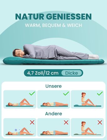 Glymnis Isomatte Camping Air Mattress - 9cm Thick, with Foot Pump & Pillow - Ultralight Outdoor Sleeping Pad for Camping, Hiking, Travel - Army Green/Turquoise