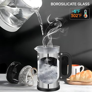 YMMIND 963.9 g French Press Coffee Maker Copper Stainless Steel Coffee Press, with 4-Stage Filtration System, Heat-Resistant Thick Borosilicate Glass, BPA-Free Brewed Coffee Pot for Camping Gifts (Silvery-r)