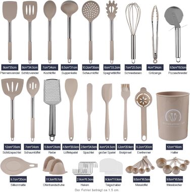 Набір кухонних аксесуарів 45 шт. з нержавіючої сталі: лопатки, ложки, скребки. Ідеальний для кухонного начиння та подарунків. (Хакі, 2)