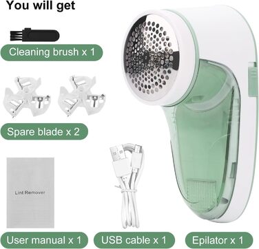 Електричний видалення ворсу для одягу та вовни з USB-кабелем та 2 змінними лезами (зелений)