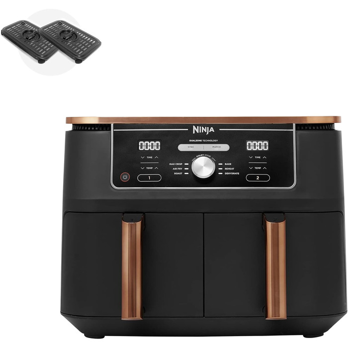 Фритюрниця Ninja Foodi MAX Dual Zone, 9.5 л, 6-в-1, без олії, чорний/мідний, антипригарне покриття, 8 порцій