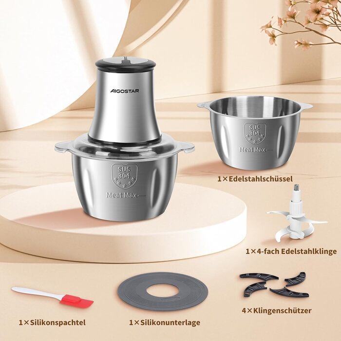 Електричний подрібнювач Aigostar Flor 500W з нержавіючою чашею 1.8L та 4-ма лезами, 2 швидкості для м'яса, овочів та горіхів