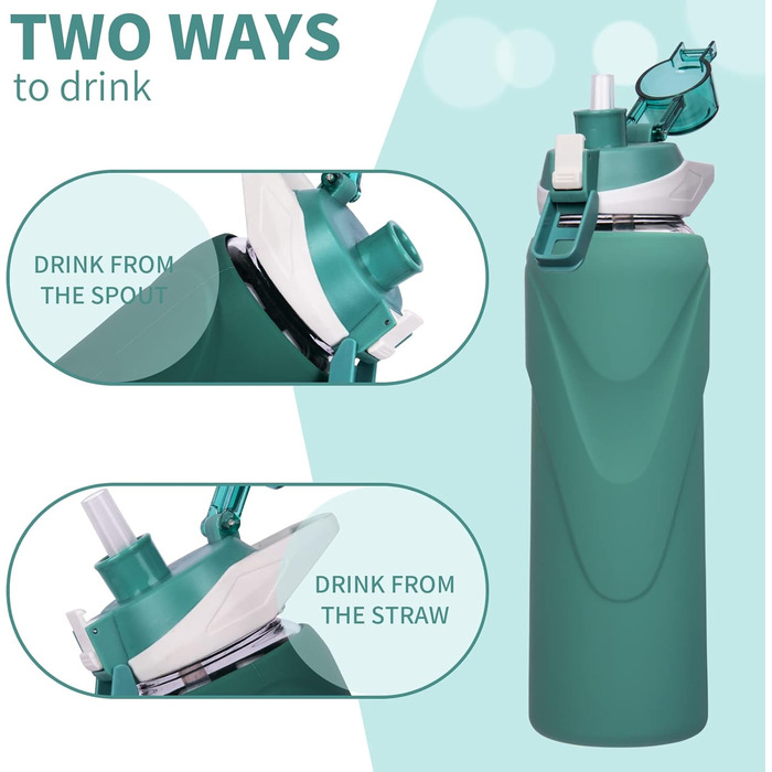 1 liter / 1l Drinking Bottle Glass with Straw BPA Free Glass Bottle with Silicone Sleeve Borosilicate Glass Water Bottle (Deep Green)