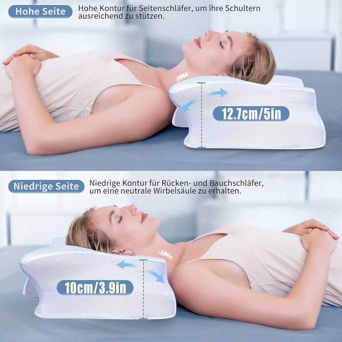 Подушка для шиї SAHEYER з Memory Foam, ортопедична, ергономічна, для сну на боці, біла, 60 x 35.5 x 10/13 см