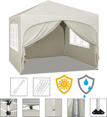 WOLTU Gazebo, Folding Gazebo 3x3 m, with 4 Side Walls, Party Tent Waterproof UV Protection 50+, Adjustable Height Garden Gazebo, with Carry Bag, for Outdoor Garden Camping (Beige)