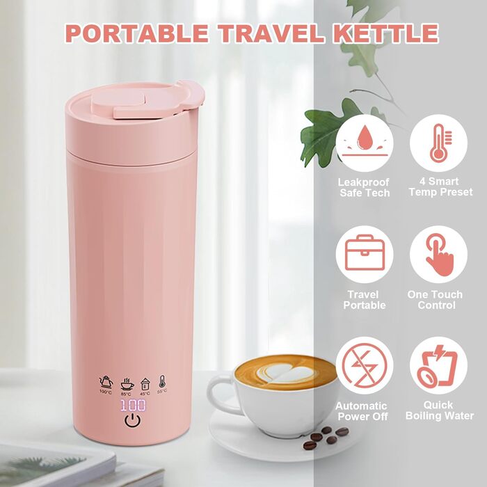 Flintronic Travel Electric Kettle, 380ML Mini Electric Kettle, 220 V / 300W Thermos Flask, 304 Stainless Steel Liner, Small Portable Electric Kettle with Automatic Shut-off (D-pink-b-475ml)