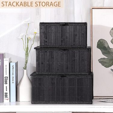 Honeycomb Storage Basket with Lid, Woven - Bamboo Decor Storage Boxes, Set of 3 Rattan Basket with Lid Woven Fabric Insert for Bathroom Kitchen Shelf Organization (Large/Medium/Small) (Black Box)