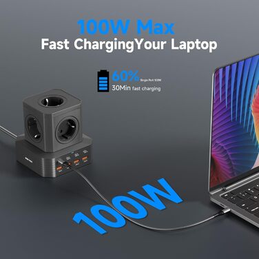 Мережевий фільтр з USB-портами Power Tower - зарядний станція для дому, офісу та студентів. 5 розеток AC, 8 USB (4 USB-C), 2м кабелю, захист від перевантаження