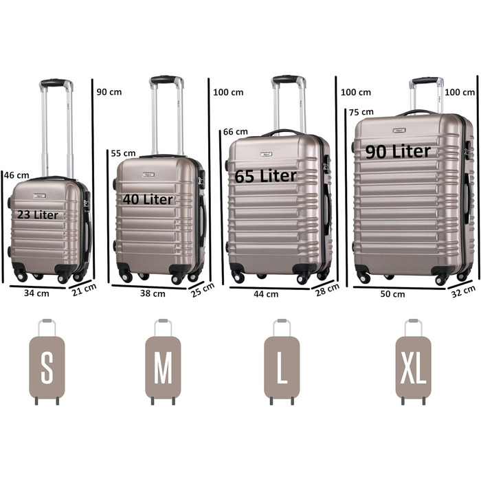 Набір валіз Zelsius 4 шт. | Колір шампань | ABS, з кодовим замком, 4 колеса, внутрішній роздільник | Ручна поклажа, набір валіз, великий валіза, Luggage Set