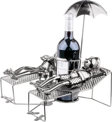 BRUBAKER Wine Bottle Holder - Loving Couple on Vacation - Metal Sculpture Bottle Stand, Reclining Couple Under Palm Tree - Silver Metal Figure Bottle Holder, Wine Gift for Vacationers with Greeting Card