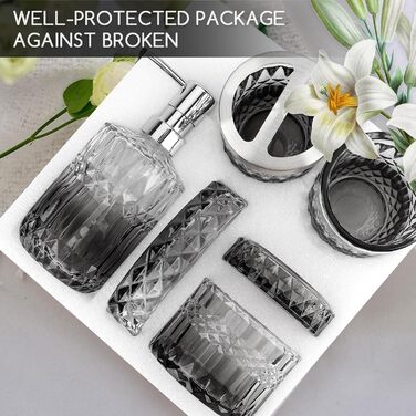 Набір аксесуарів для ванної кімнати Hebaogugu 5 шт., сірий колір, з дозатором мила, мильницею, стаканчиком для зубних щіток, тримачем для зубних щіток та контейнером для ватних паличок.