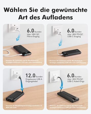 Power Bank Charmast 20000mAh з LED-дисплеєм та 4 кабелями (USB C, PD3.0, QC4.0) – чорний