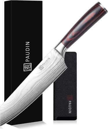 Японський ніж Santoku від Paudin, 20 см, Kiritsuke, з високоякісної сталі, ергономічна ручка, для м'яса, риби та овочів