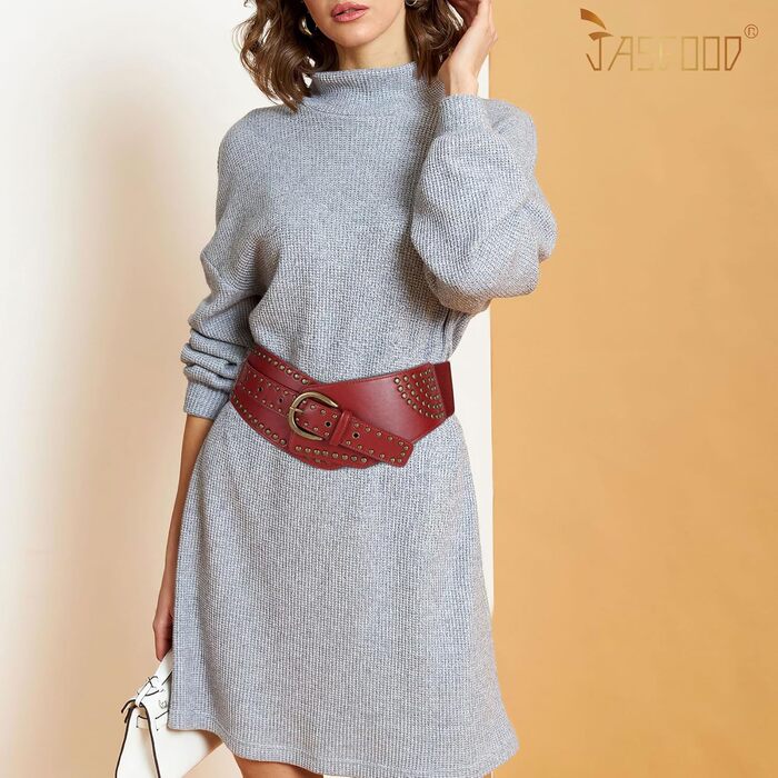 Жіночий вінтажний широкий еластичний пояс JASGOOD з пряжками, стрейч-пояс для карнавалу та косплею, 95 см (для розміру талії 93-104 см) (Бордовий, 65 см: для розміру талії 58-68 см)