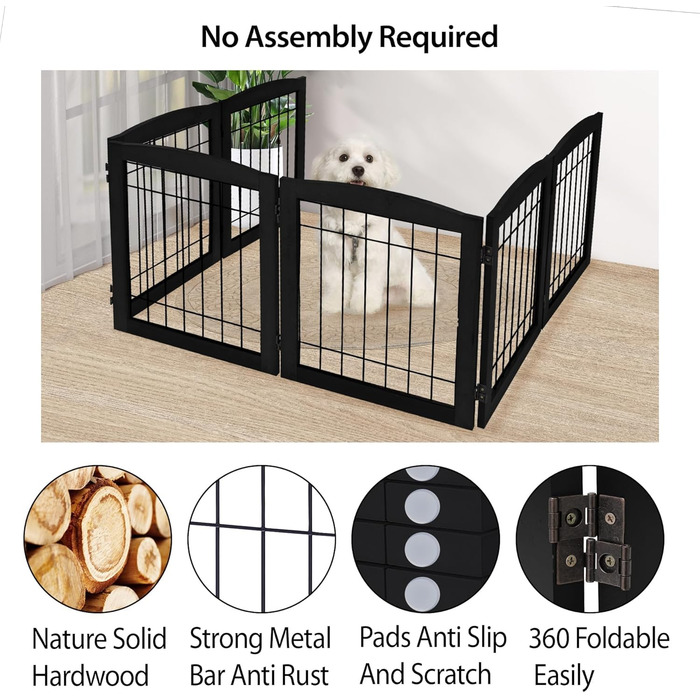 Дерев'яне перегороджувальне ґратка для собак, 4 панелі, широка, 76,2 см, складна, бар'єр для тварин з підставками, масивне тверде дерево та сталевий дріт, захисне ґратка для дверей, коридорів, 76 см висота