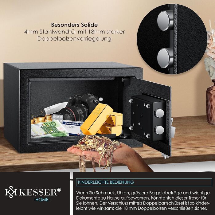 Сейф KESSER для меблів з двобортним замком, чорний, 30x20x20 см, з 2 ключами та кріпленням