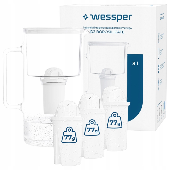 Скляний фільтр-віддінник Wessper D2 з боросилікатного скла, 3 л, білий + 4 фільтри