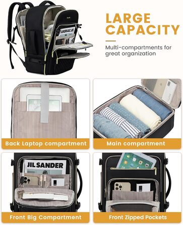 LOVEVOOK Рюкзак для ручної поклажі, 40L, водонепроникний, для ноутбука 17 дюймів, Easyjet, для подорожей, роботи, трекінгу, оливково-бежевий (18 дюймів, A-чорний)