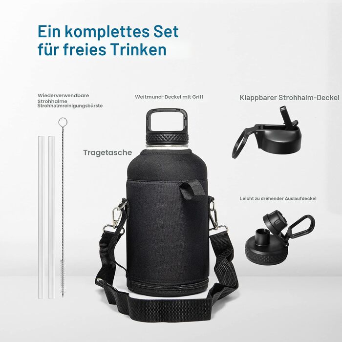 Термофляга Coolflask 2Л зі сталі нержавіюючої з трубою та 3 кришками, вакуумна пляшка для води для спорту та подорожей, Starry Indigo Black