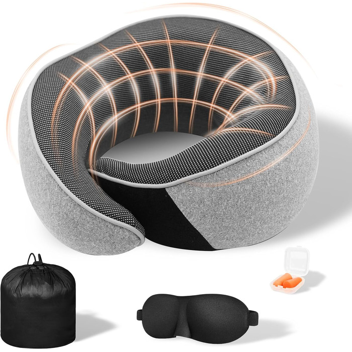 Подушка для шиї у літак, Memory Foam, регульована, з навушниками та маскою для сну, для подорожей