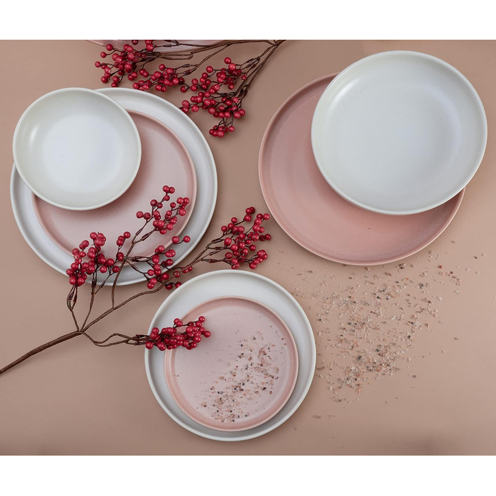 CreaTable Серія Uno: Набір посуду з 12 предметів для 4 осіб (Рожевий + Offwhite)
