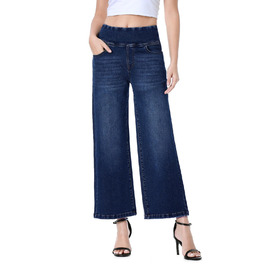 Джинси жіночі Baggy з високою талією, широкі, укорочені прямі, еластичні, літні, колір - темний індиго