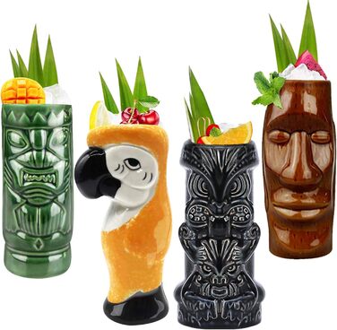 Tiki Tassen Cocktail Set with 4 Pieces – Large Ceramic Cups, Hawaiian Luau Party Cups, Drinkware, Cute Exotic Cocktail Glasses, Tiki Bar, Professional Hawaiian Party