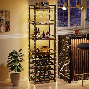 Tribesigns 20 Bottle Wine Baker's Rack, Freestanding Wine Rack, 9 Tiers, Industrial Freestanding Wine Rack Wine Bar with Glass Holder, Bottle Rack for Bar, Kitchen, Dining Room, (Rustic Brown, 2 PC)