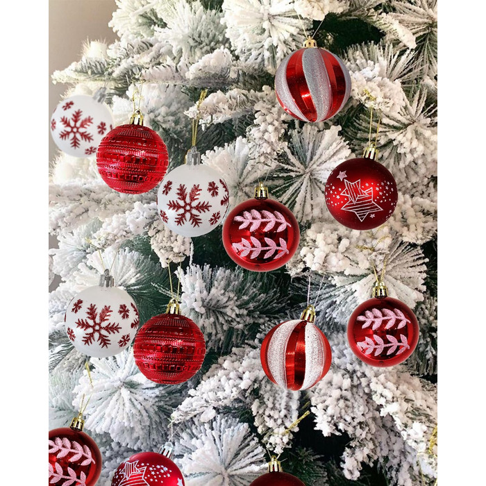 Набір прикрас на ялинку 40 шт. червоно-білі, 6 см, пластикові, з підвісками, небрудні, різноманітні поверхні та візерунки, для внутрішнього та зовнішнього використання