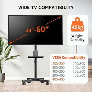 Підставка для телевізора на колесах для 23-60 дюймів - регульована по висоті, мобільна, з полицею для медіа, для офісу, вітальні, геймінгу, витримує до 40 кг, VESA до 400x400 мм, чорна