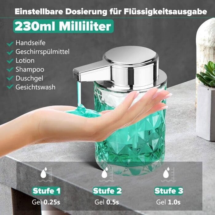 Phneems Automatic Soap Dispenser Glass Electric Soap Dispenser with Sensor 3 Levels Adjustable Soap Dispenser Automatic Dish Soap Dispenser USB Charging IPX5 Waterproof FOR Bathroom Kitchen Gel