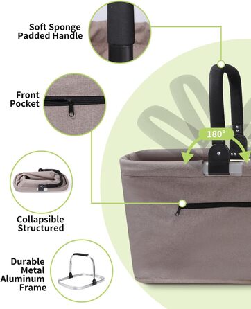 Складаний кошик для покупок 35L з 2 стійками, стабільний сімейний кошик з алюмінієвою ручкою, водонепроникний кошик для пікніка, практичний кошик для перенесення, великий для подорожей, кемпінгу, покупок, подарунка - Хакі