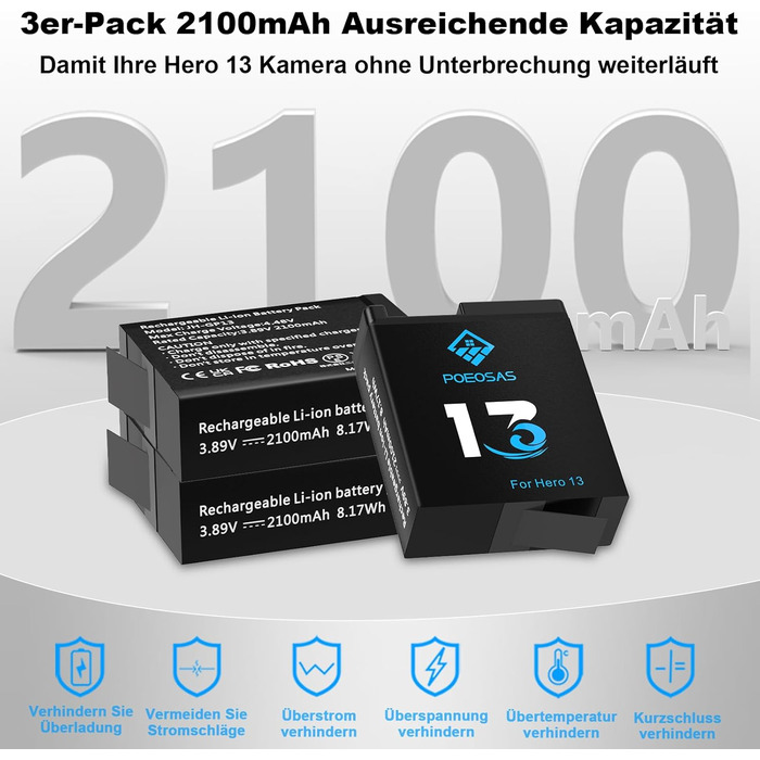 Акумулятор для GoPro Hero 13 Black, 2100mAh, 3-Pack з LED USB-C зарядним пристроєм, сумісний з GoPro Hero 13 Enduro