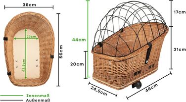Кошик для велосипеда Tigana для собак, плетіння з лози, 56 x 36 см, з металевою сіткою, XL, з подушкою та підстилкою