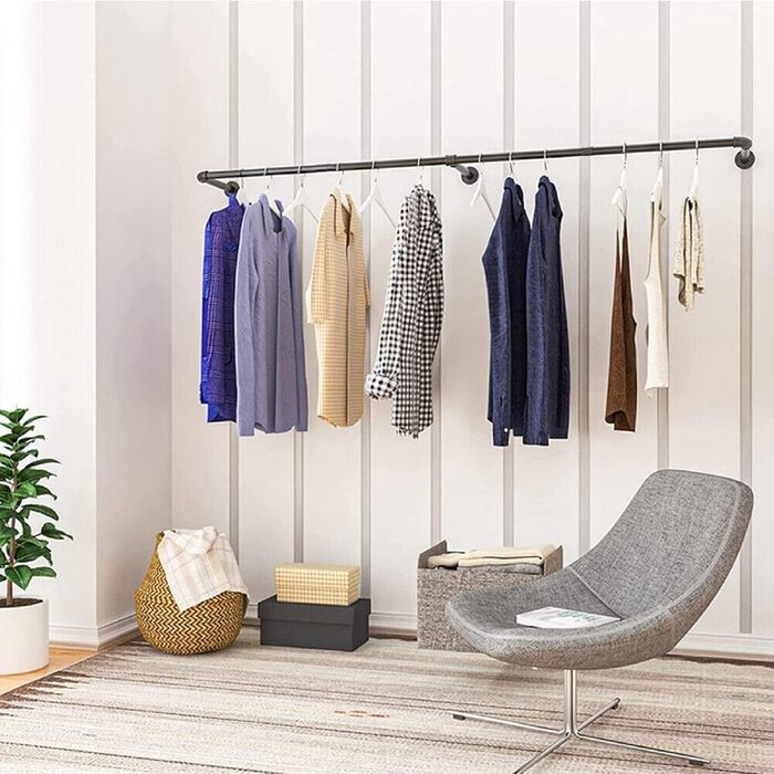 Wall-Mounted Clothes Rack 200cm Pipe Clothes Rail Industrial Style Wall Hangers Detachable Metal Clothes Rod Wardrobe Rail Bedroom for Hallways Living Room Bedroom