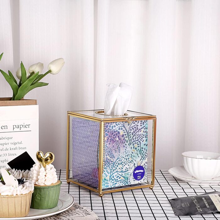 SUMNACON Glass Face Tissue Box Clear Gold Paper Box Holder, Square Napkin Box Storage Tissue Paper Box Organizer, Decorative Cube Tissue Box for Face Tissues, Napkin