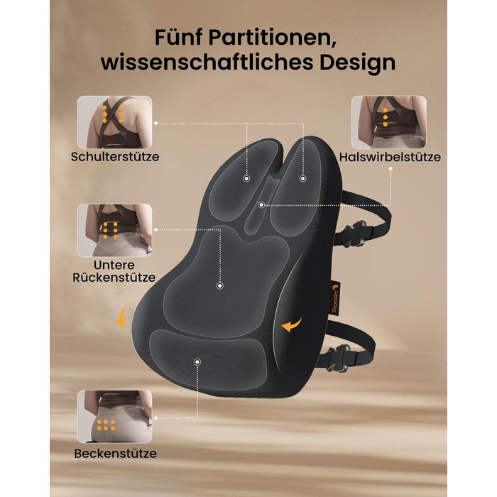 Подушка для спини ProtoArc з Memory Foam для офісного крісла, авто та столу - ергономічна, дихаюча, з регульованими ременями та сітчастим чохлом (Чорна)