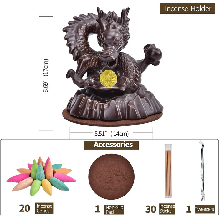 Dragon Backflow Incense Burner, Backflow Incense Holder with 20 Backflow Incense Cones, Home Decor, Ceramic Incense Burner Holder in Exquisite Present Box (Dragon with Bead)